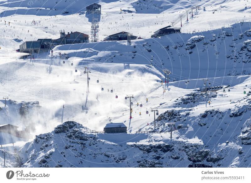 ski resort of sierra nevada, ski lifts to the slopes people skiing mountain grow spiritual spirituality southern spanish sport cultivation illustration industry