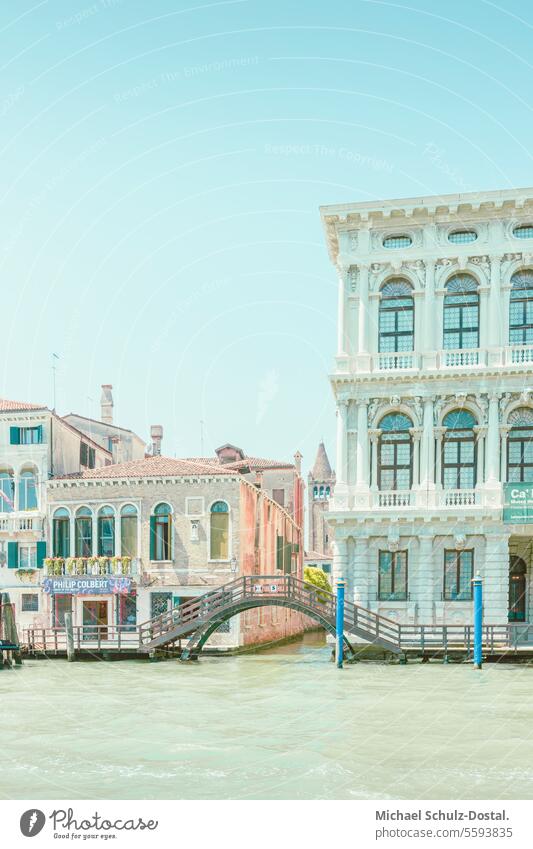 Pastel-colored palazzi on the Grand Canal in Venice pastel Colour variegated houses Water Harbour Lagoon Twilight Evening gondola sunset Sunset colour couloured