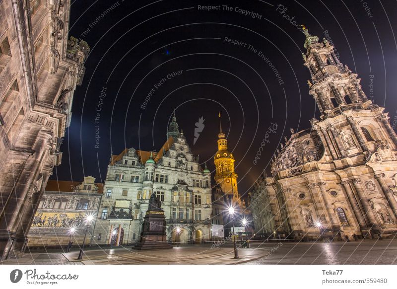 Dresden night city wide angle Style Summer Art Museum Architecture Town Old town Deserted Places Marketplace City hall Wall (barrier) Wall (building) Esthetic