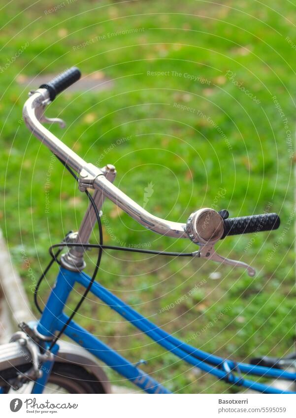 Close-up of a blue ladies' bicycle from the 1970s with chrome handlebars in front of a bright green lawn, somewhat dreamy and soft (Orton effect) Bicycle