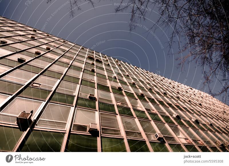 Façade, form follows function Facade Modern architecture Building Symmetry Worm's-eye view Socialist modernity Past Style Retro Authentic Gloomy Cloudless sky