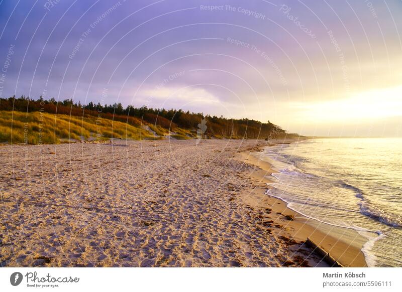 Sunset on the west beach on the Baltic Sea. Waves, beach, cloudy sky and sunshine Sandy beach beach vacation sunset sea ocean wave water landscape time out