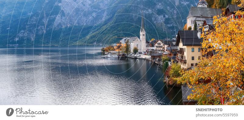 Panoramic view of beautiful Hallstatt town and Hallstattersee in Austria alpine alps architecture austria austrian autumn boat breathtaking buildings cathedral