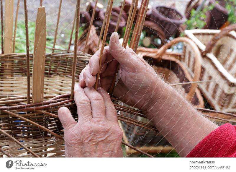 Basket maker at work Lichen wickerwork Hand Willow tree Plaited Twig Handcrafts Craft (trade) Arts and crafts Production Old closeup detail Basket weaver