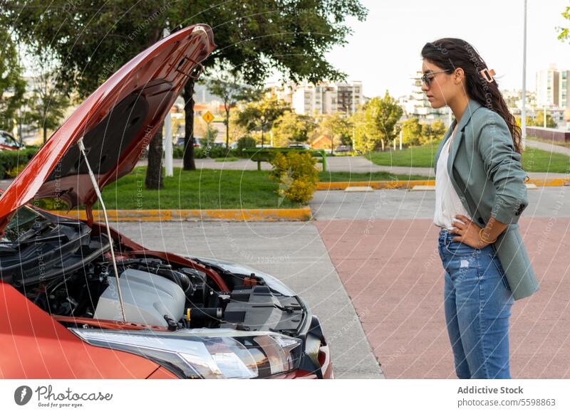Angry entrepreneur staring at car engine woman hood breakdown roadside young hand on hip standing vehicle anger frustration female travel side view examine