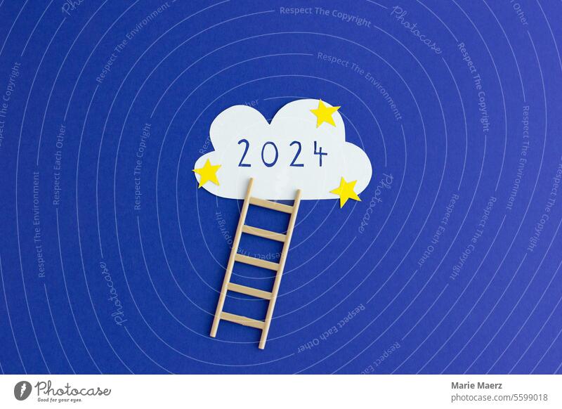 Goals, wishes and dreams for the new year 2024 aims Wishes Plans turn of the year Dream Clouds New Year Future Good intentions Ladder stars Career number