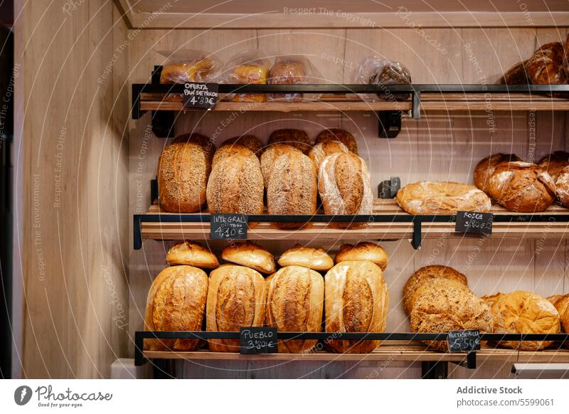 Rack with large number of breads loaf cereals bakery market fresh bakehouse food wheat flour delicious rack shapes variety baked breakfast store gourmet oven