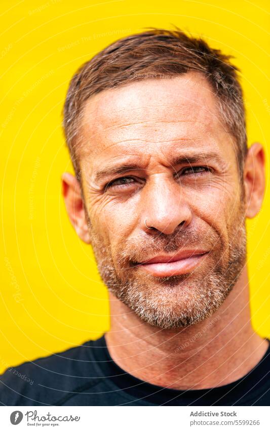 Serious Caucasian sportsman over yellow background handsome nose piercing confident serious closeup portrait looking at camera athlete beard face model cool