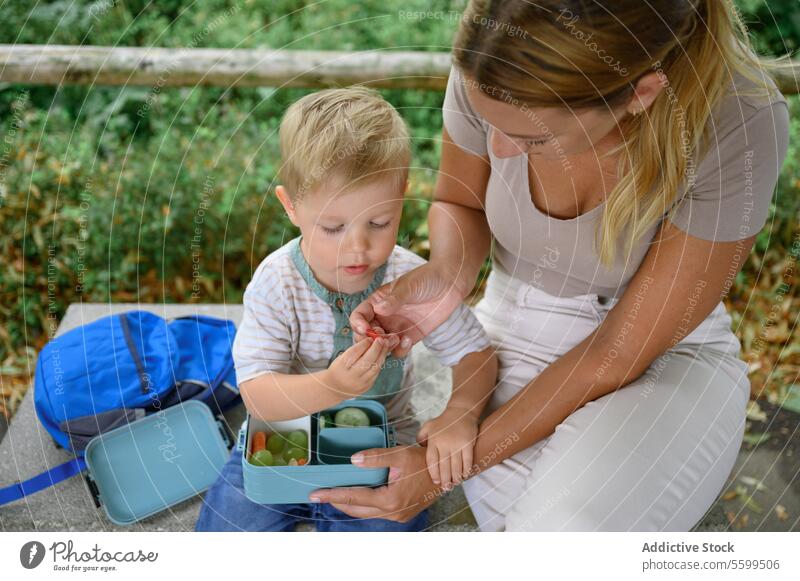 Crop young mother and son sitting on bench with lunchbox in daylight kid eat carrot lunch box help legs crossed care female child boy childcare childhood mom