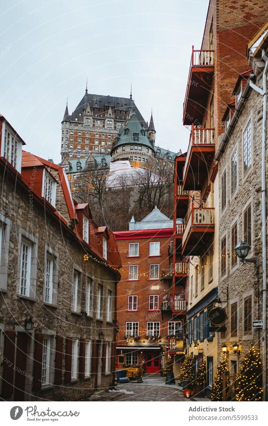Historic European-style architecture with castle in background in Quebec, Canada cobblestone street european traditional buildings majestic charming historic