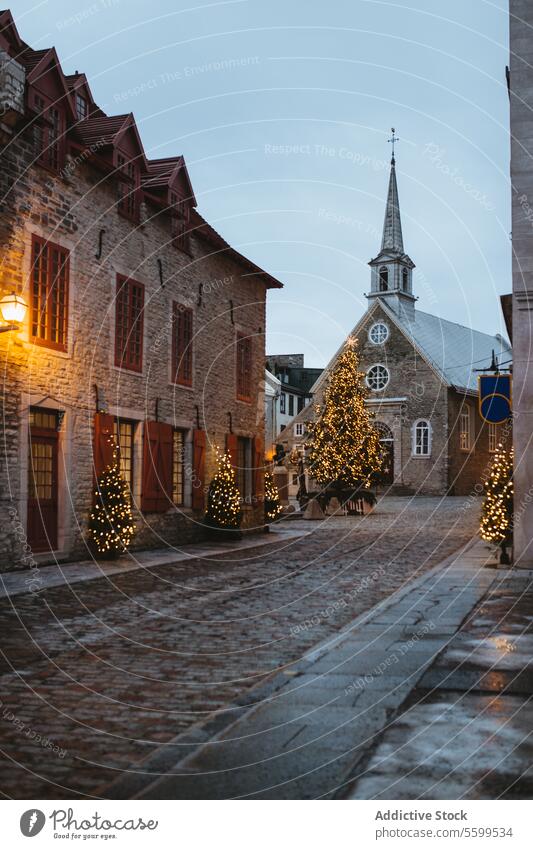 Enchanting evening view of a festive street in Quebec quebec christmas market lights cobblestone dusk historic building twilight holiday decoration illuminated