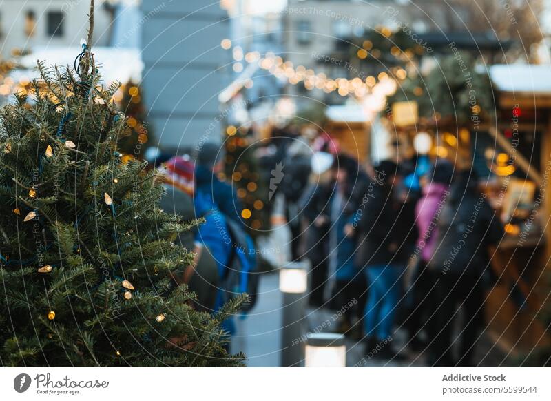 Bustling Christmas Market Scene with Festive Decorations in Quebec, Canada christmas market shoppers decorations lights holiday atmosphere festive cozy winter