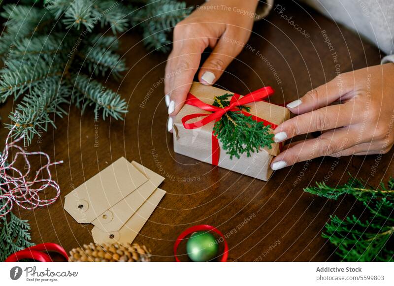 An unrecognizable woman holding Christmas gift in hand horizontal ribbon person paper decorating indoor happy female bow home surprise seasonal