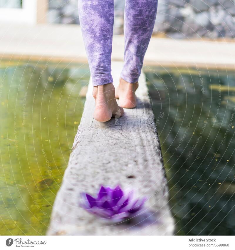 Shot of a purple glass lotus while a woman walks away. aquatic balance beautiful beauty calm calmness concept decoration exotic fantasy feet female floral