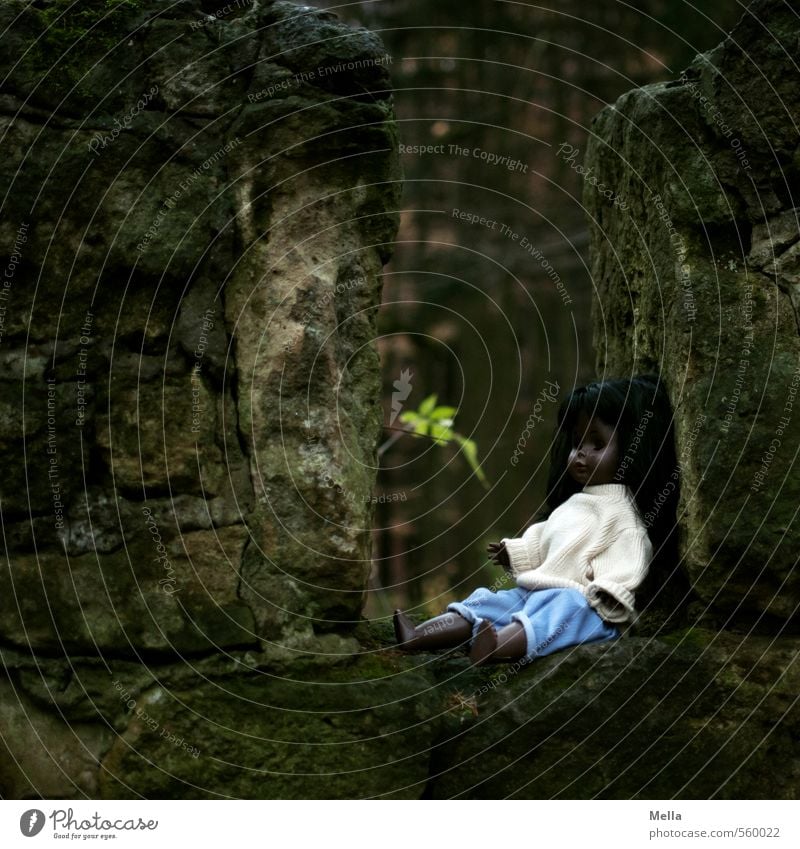 Monika in the woods Environment Nature Leaf Forest Manmade structures Wall (barrier) Wall (building) Toys Doll Stone Sit Dark Creepy Small Gloomy