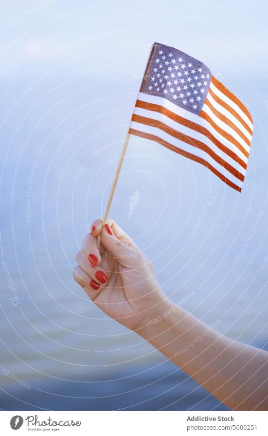 US flag waving Hand USA America American Independence day election voting holiday event celebration holding arm woman female body part limb outdoors sea summer