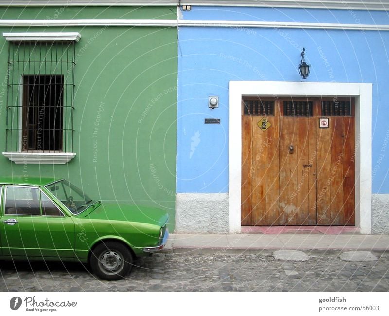 color park Green Parking Colonial style Vacation & Travel Entrance Window Welcome Background picture Seventies Blue Car Old Door Stone Antigua Architecture