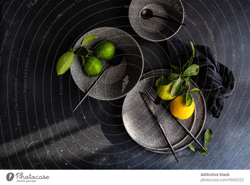 Elegant ceramic tableware with green lemons on dark backdrop background arrangement artistic fresh dish fruit kitchenware elegant design modern food photography