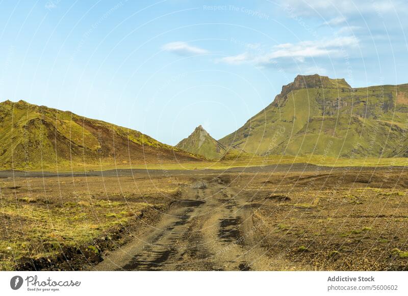 Rugged terrain of the Icelandic Highlands iceland highlands landscape volcanic dirt track rural moss green hills outdoors nature rugged untouched scenic beauty