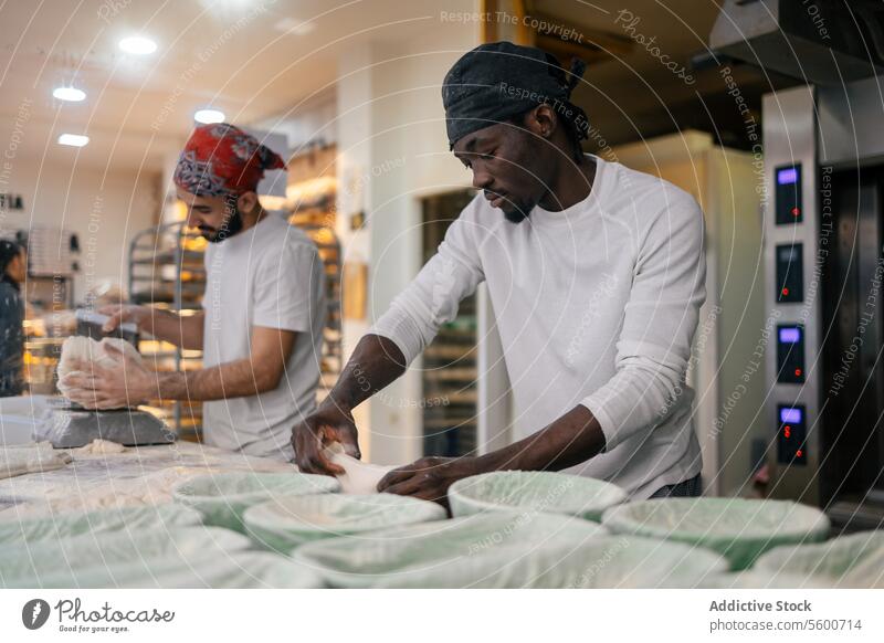 Black baker kneading in bakery with colleague black afro teamwork multiethnic dough artisan flour mold bread preparation fermentation young yeast fresh oven