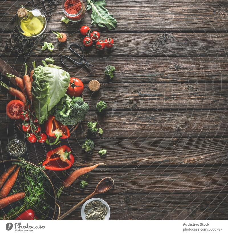 Food background with organic vegetables, healthy ingredients and kitchen utensils on dark rustic wooden table. Top view. Copy space. food background top view