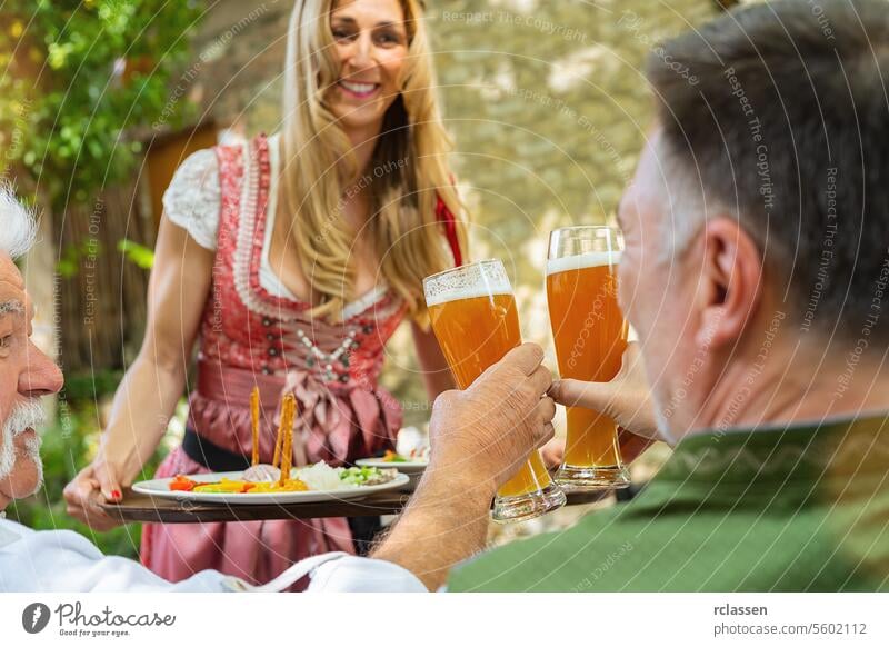 Female waiter in tracht, Dirndl serving food in Bavarian beer garden, people eating and drinking toasting beer muds in background old happy brezen bavaria
