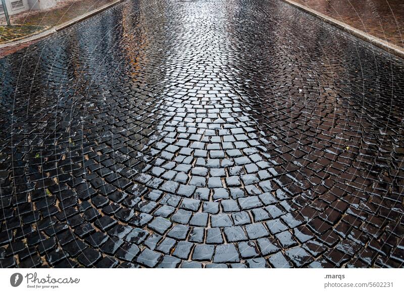 Wet plaster Paving stone Cobblestones Street Traffic infrastructure Deserted Damp Rain Structures and shapes Stone Water Reflection Glittering Town Weather