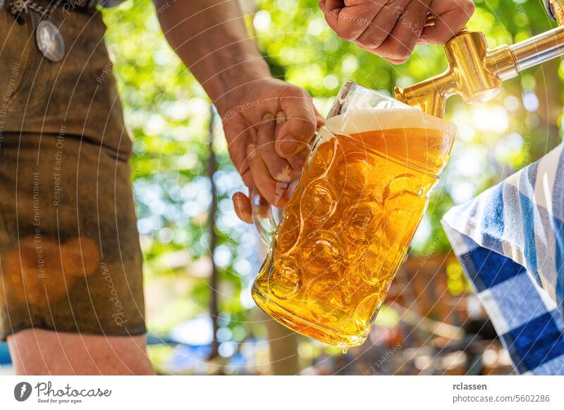 Bavarian man in leather trousers is pouring a large lager beer in tap from wooden beer barrel in the beer garden. Background for Oktoberfest or Wiesn, folk or beer festival (German for: O’zapft is!)