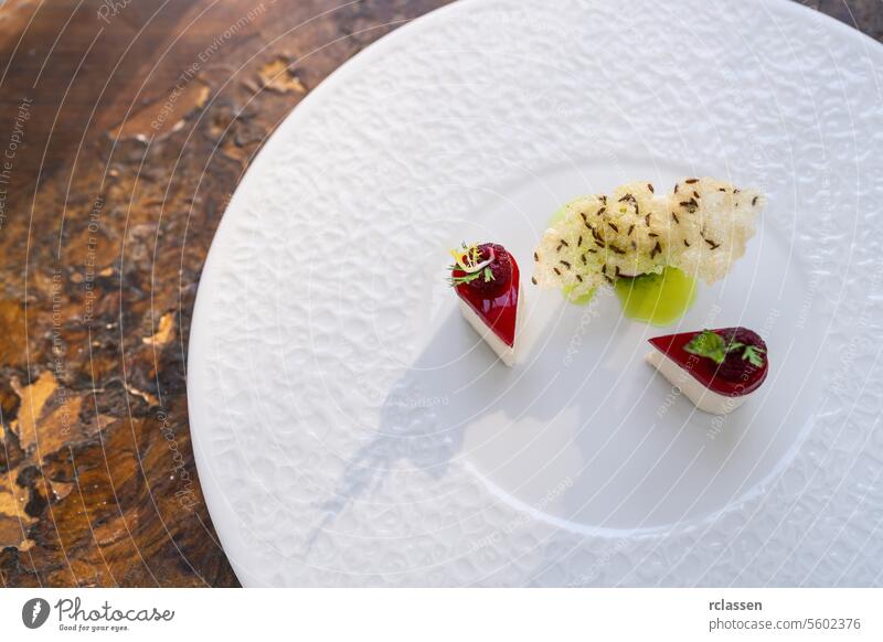 Elegant Culinary Presentation of a luxury appetizer on a white plate in restaurant. Food Photography Concept image dinner hotel chip rice goat cheese