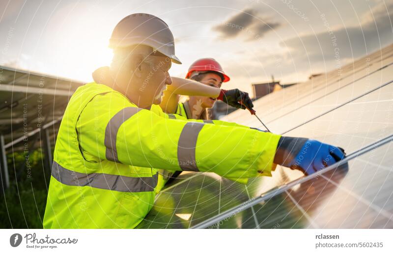 Team of engineers working on the maintenance of solar panels at sunset. Alternative energy ecological concept image. renewable resource person industry