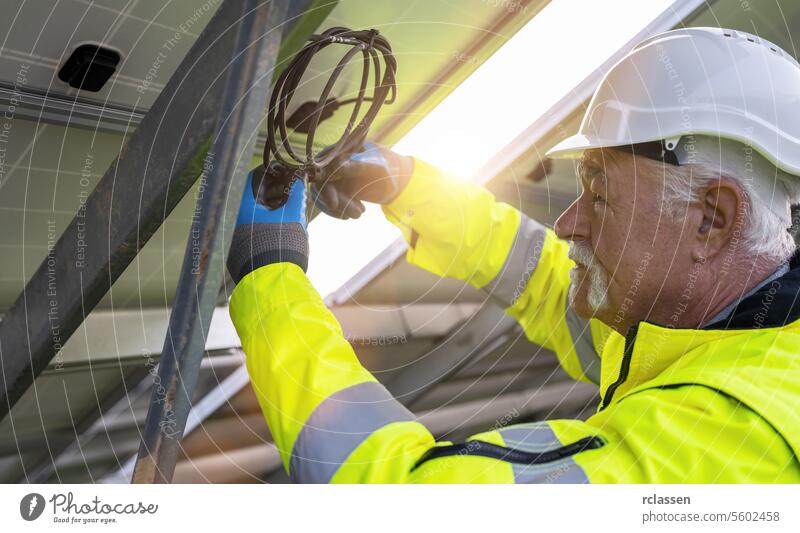 Engineer managing cables behind solar panels at a solar farm. Alternative energy ecological concept image. technology plant industry electricity worker