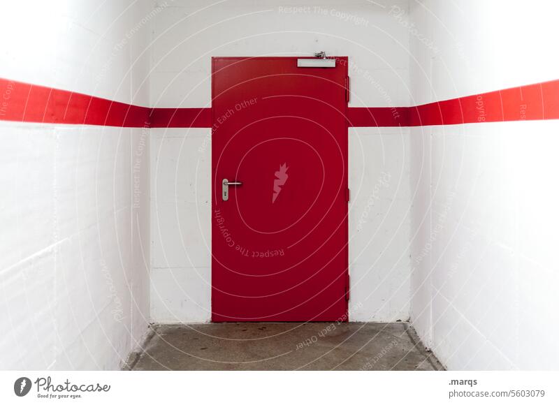 red door Red Central perspective door handle Wall (building) Minimalistic Way out Entrance Portal Mysterious Symmetry Line White Target common thread