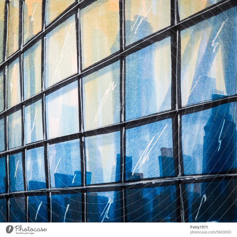 Abstract architecture sketch. Reflective glass facade of office building from frog perspective. Building Architecture Facade Glas facade Illustration Drawing