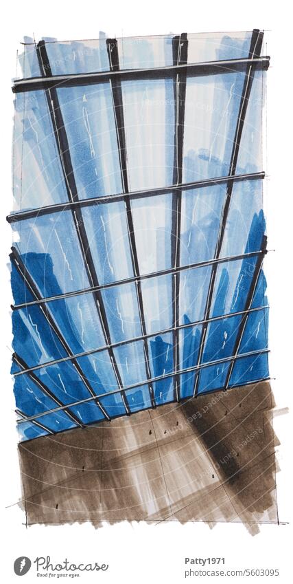 Abstract architectural sketch. Reflective glass façade of an office building from a bird's eye view. Building Architecture Drawing Illustration urban
