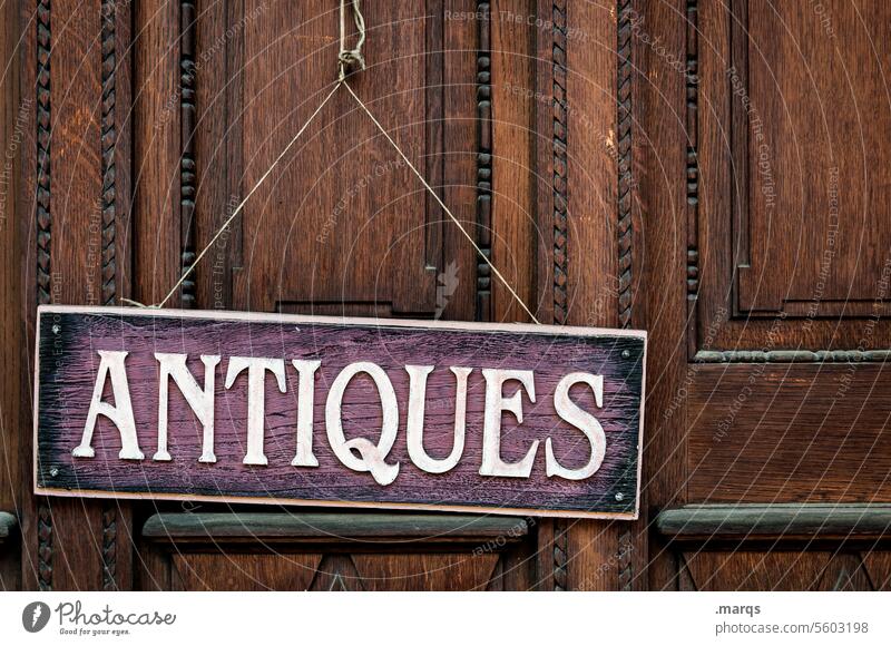 Antiques Signs and labeling Antiques dealer Antique shop Close-up Time Change Transience Shopping Sell Ancient Historic Brown Wood