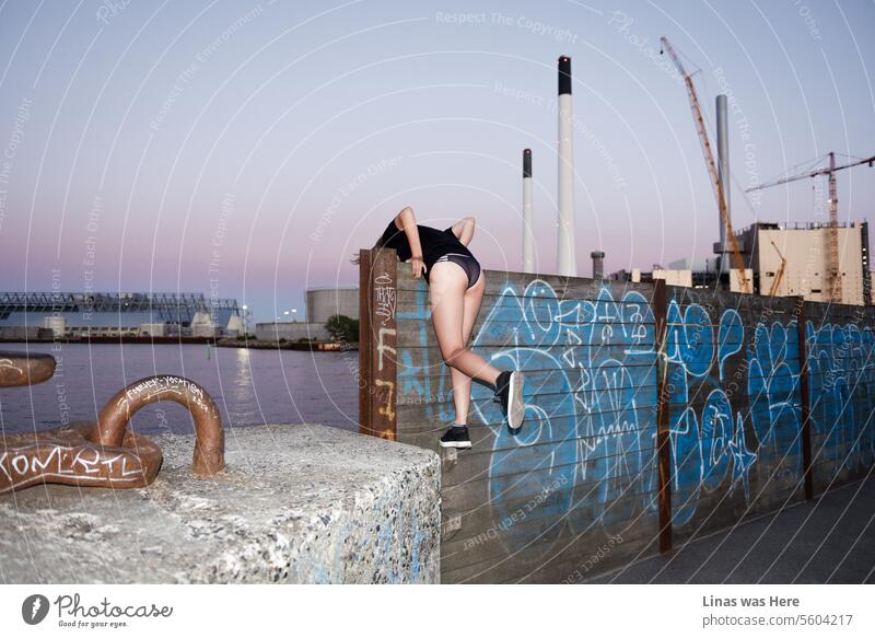 A wild girl is exploring urban spaces in Copenhagen, Denmark. The concrete jungle is a perfect place for a gorgeous lingerie model. She shows her sexy back while climbing a wall painted with random murals. A purple evening sky brings some romantic vibes.