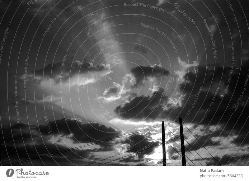Cloud, sun, bridge Analog Analogue photo B/W black-and-white Black & white photo Sky cloud Sun Bridge piers Rope Line somber Architecture Exterior shot