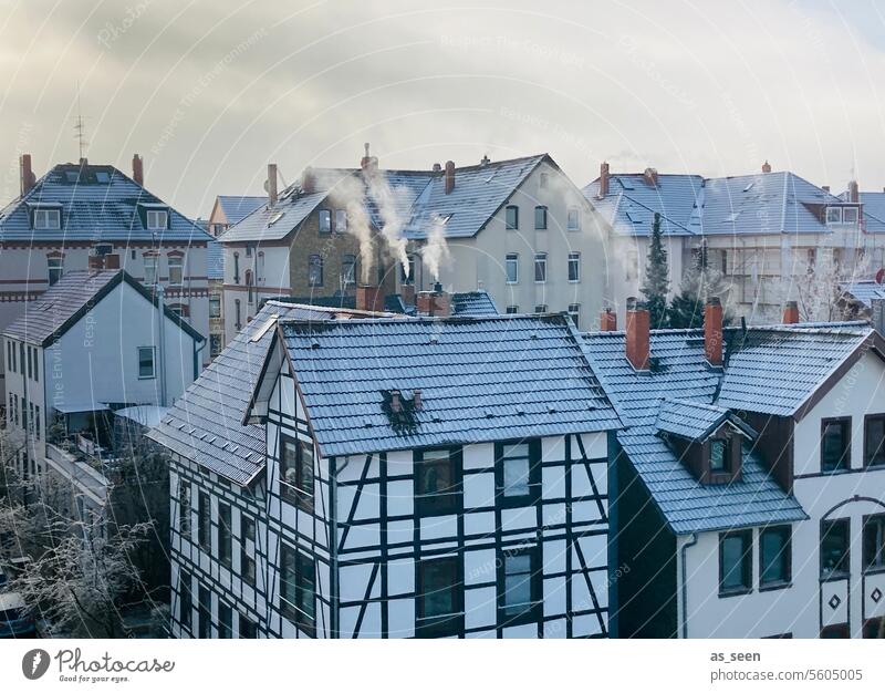 Half-timbered houses in the snow Snow Cold Winter Ice Frost Sky Town Small Town Village half-timbered Exterior shot Colour photo House (Residential Structure)