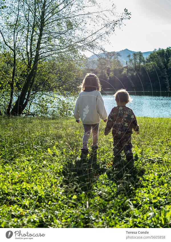 children walking together in the field Child Infancy Nature fun Happy Happiness sunny Lake joy outdoors vacation active Landscape Green Back-light Together