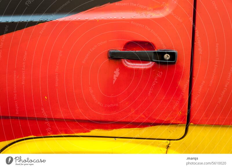 Typically German | Driving Close-up Black Red Yellow Metal German Flag Bus Car Car door door handle Germany Motoring Patriotism