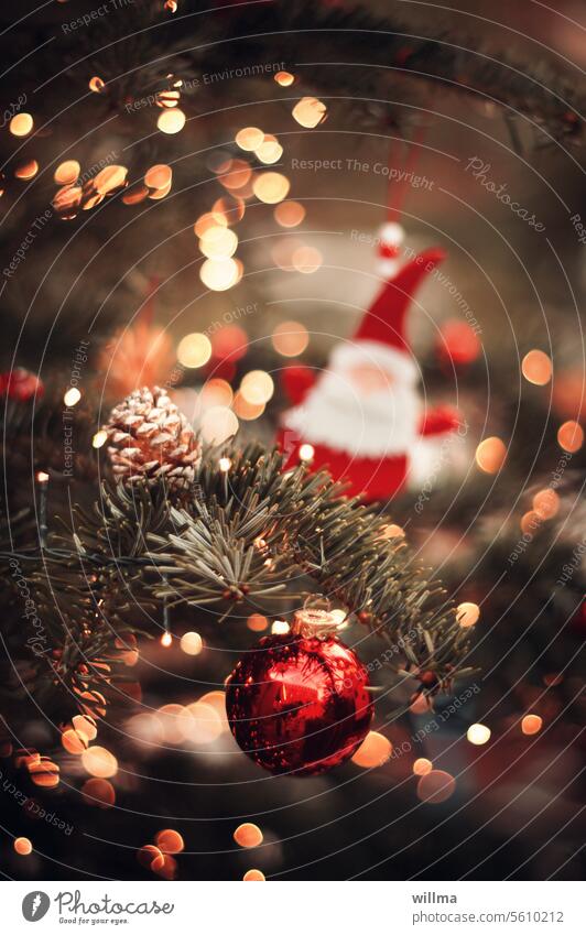 Christmas spirit at the tree of lights Christmas tree Adorned Glitter Ball Fir cone Christmassy Santa Claus christmas ornaments Christmas decoration