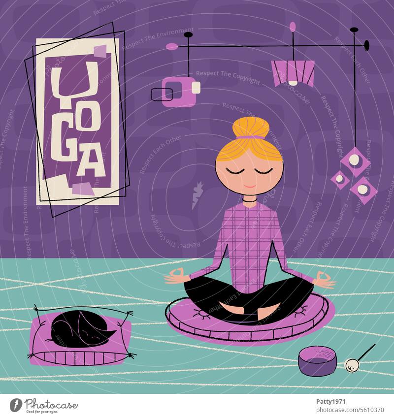 Young woman with cat meditating in lotus position. Retro illustration in the style of the 50s, 60s Woman Meditation Yoga Lotus Position Wellness '60s