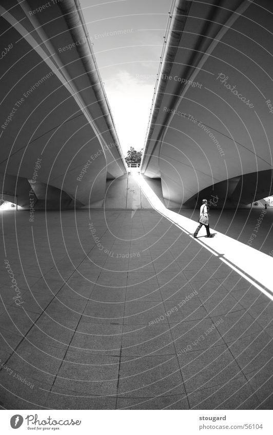 Man in the light under a bridge Light Design Singapore man walk architect architecture graphic construction shadow