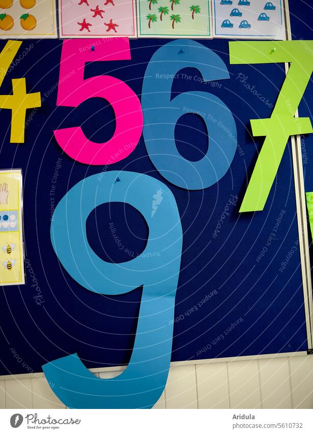 4, 5, 6, 7 ... 9 | colorful paper numbers in a classroom Elementary school figures Classroom variegated Wall (building) School Education Study Blackboard Math