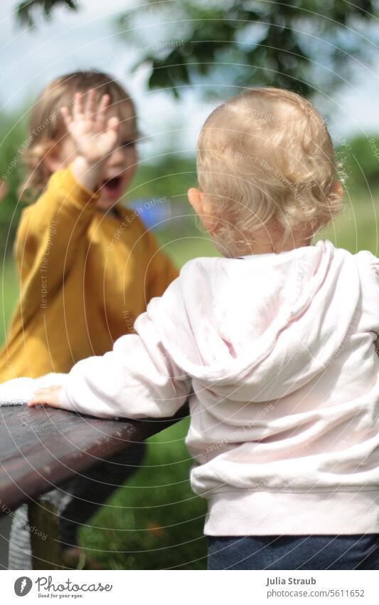 HIGH FIVE children Child Infancy Playing argue entertainment Bench Summer out Garden