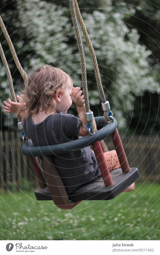 just let go To swing Child Infancy courageous Gut feeling Hands off Release Toddler Playground Swing Summer Barefoot Curl Fence Wooden fence child's swing trees