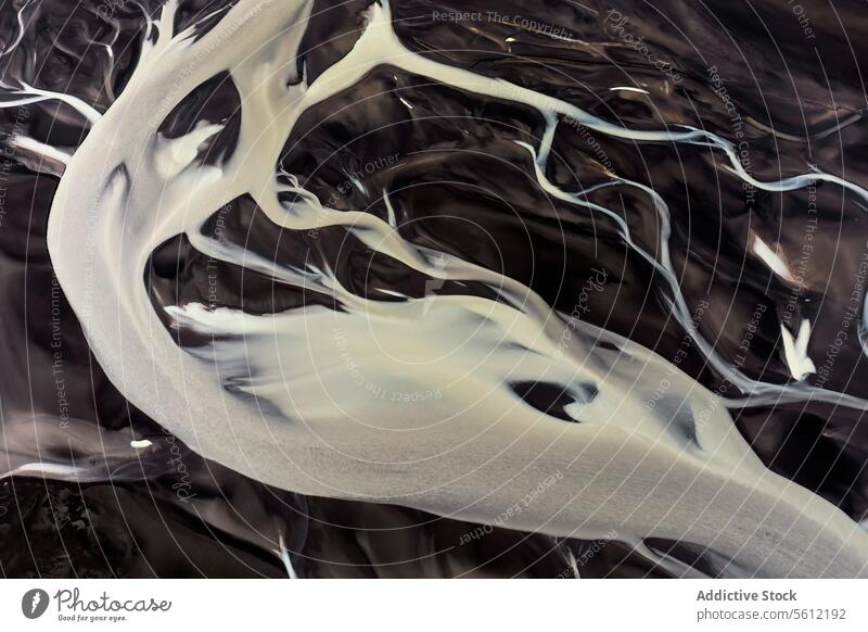 Iceland's Aerial View of a Volcanic River Basin iceland aerial view volcanic river basin pattern swirl black white gray abstract texture nature landscape