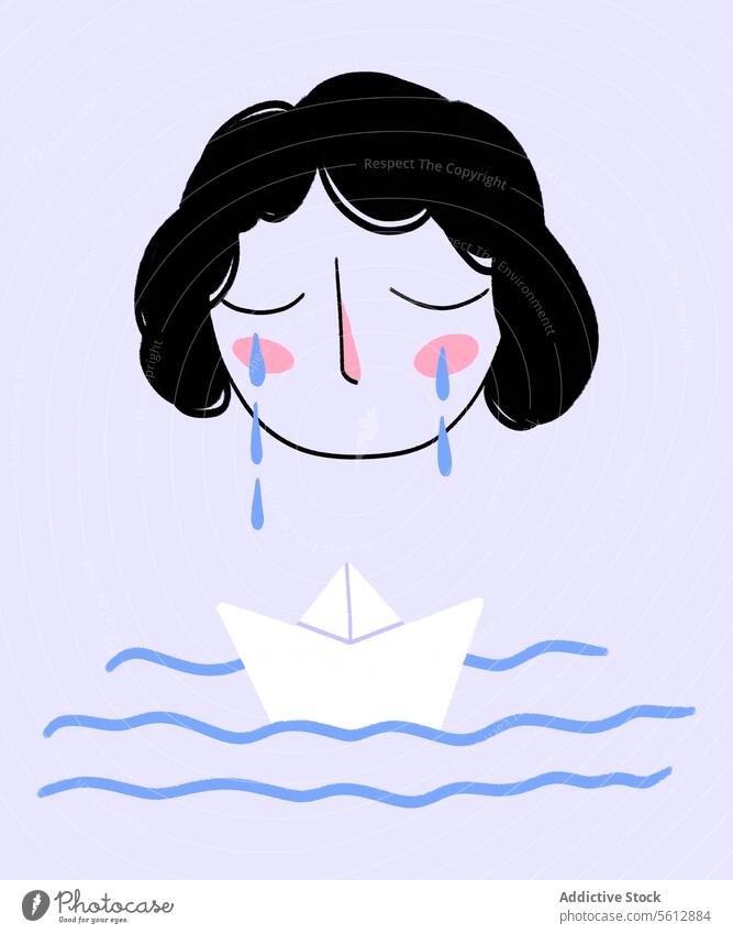 Depressed woman crying while boat floating in sea illustration depressed paper mood wave sad sadness ocean tear problem scared lifestyle trouble loss afraid