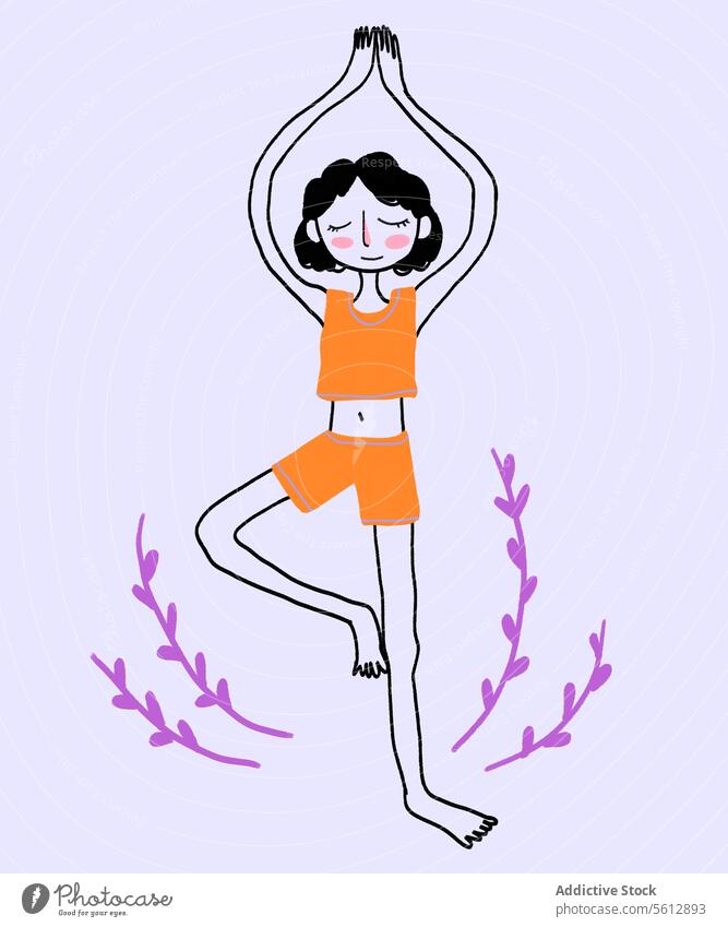 Woman with eyes closed practicing tree pose woman isolated illustration flower lifestyle yoga vector fitness health sport graphic posing active wellbeing