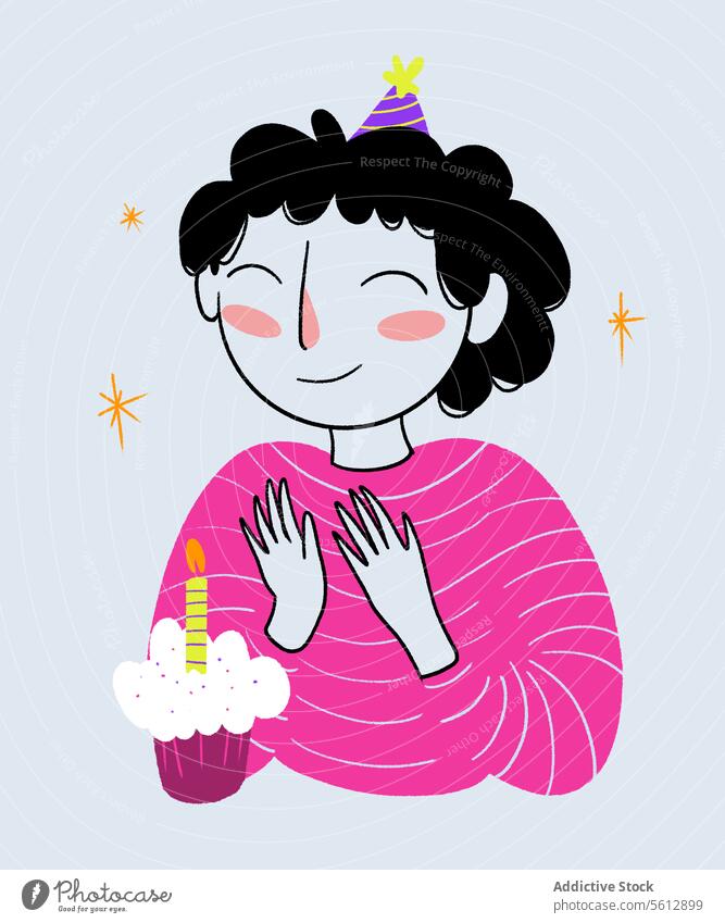 Happy woman applauding and celebrating birthday happy cupcake life event food illustration joy party candle enjoy clapping lifestyle party hat enjoyment eyes